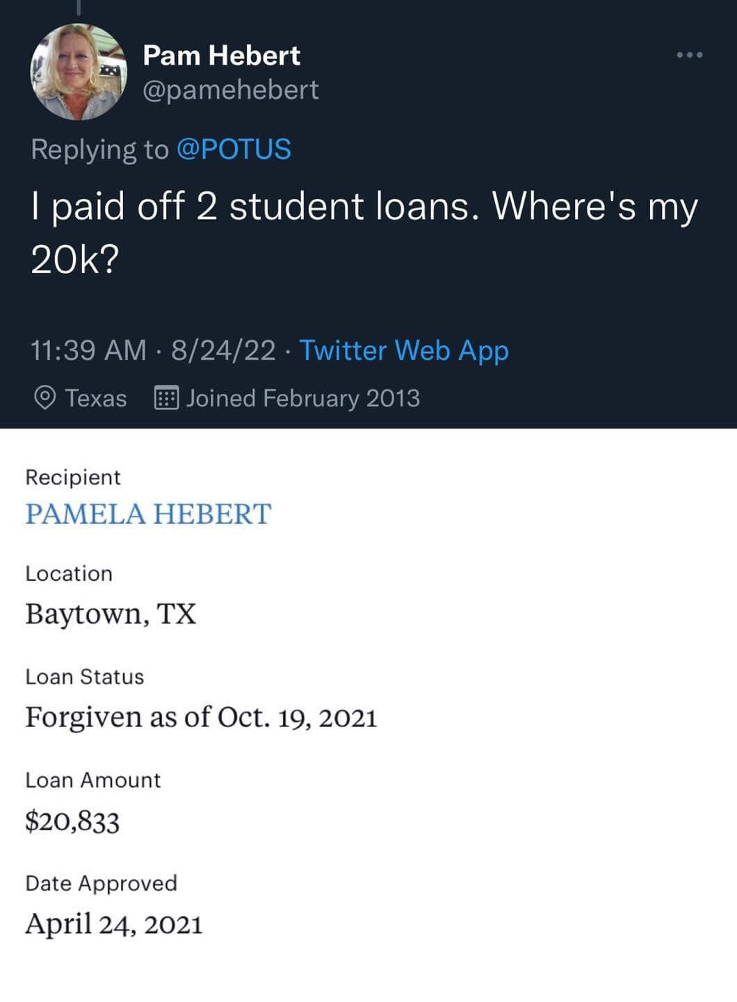 The meme is a screenshot of a Twitter conversation where someone named "InflationIsSkyHigh" is complaining about their student loans. They claim to have "paid off" their loans by asking for $2 million, implying they've only paid $2, or 0.1% of their total debt.